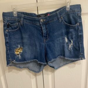 Torrid 16 Distressed Denim Blue Jean Shorts with Gold Sequins